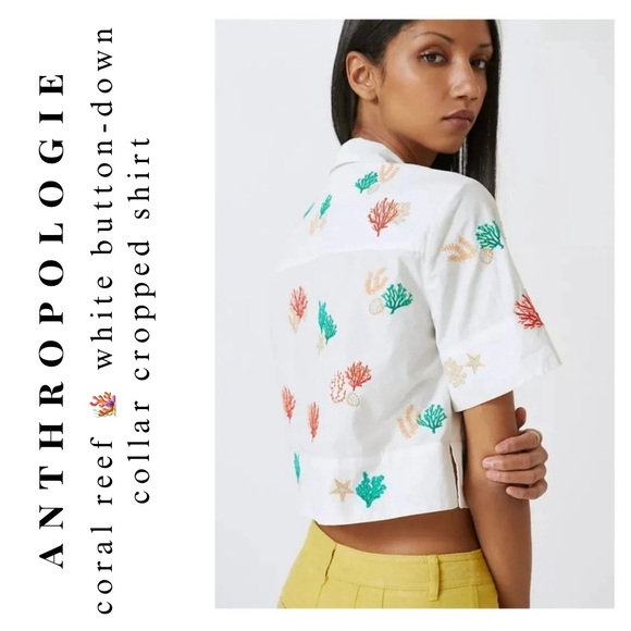 anthropologie • coral reef seashell cropped button up short sleeve collar shirt - Picture 14 of 17